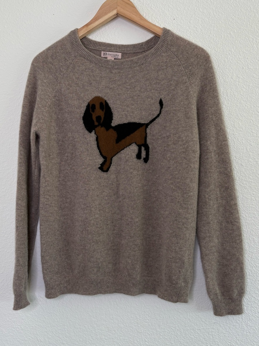 PHILOSOPHY Women’s Medium 100% Cashmere Sweater Dachshund Crewneck Pullover Brwn
